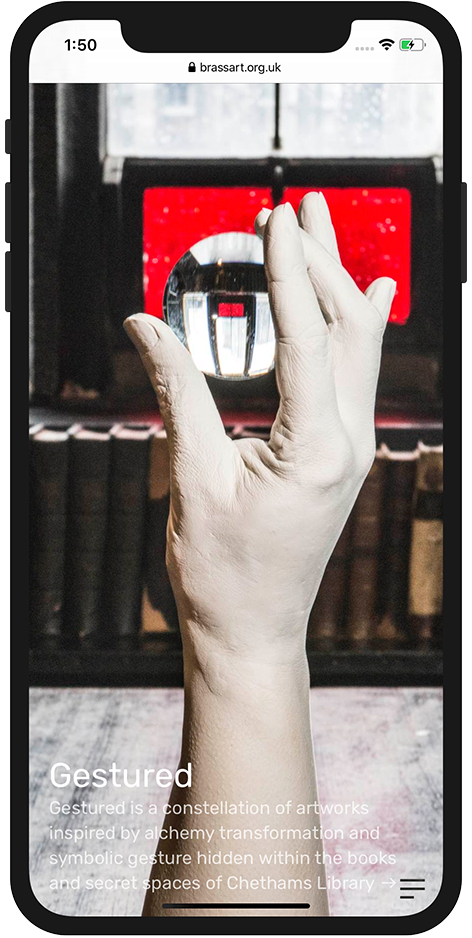 Mobile view of Brass Art's new homepage, featuring their Gestured artwork project