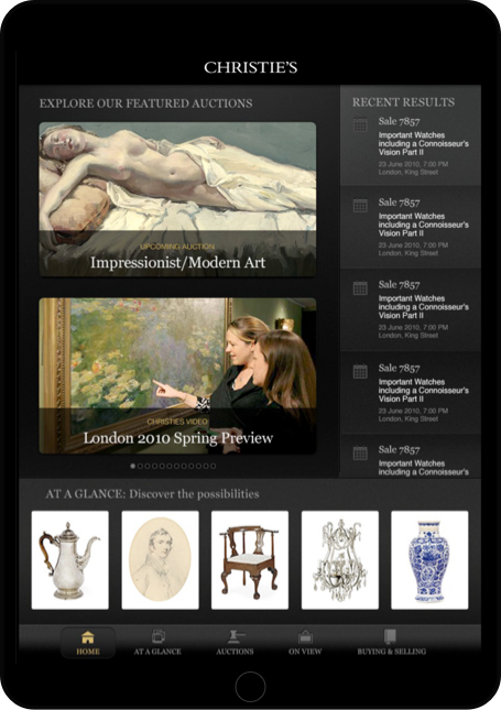 The home view of Christie's iPad app