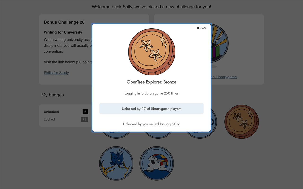 A screenshot of the achievements that a player has been awarded at The Open University