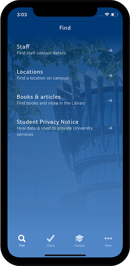 UniApp for the University of Huddersfield on iPhone X - Find view