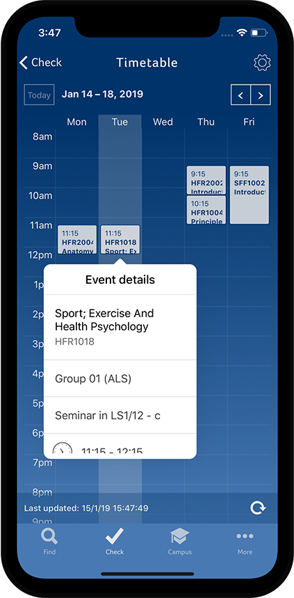 UniApp for the University of Huddersfield - timetable view