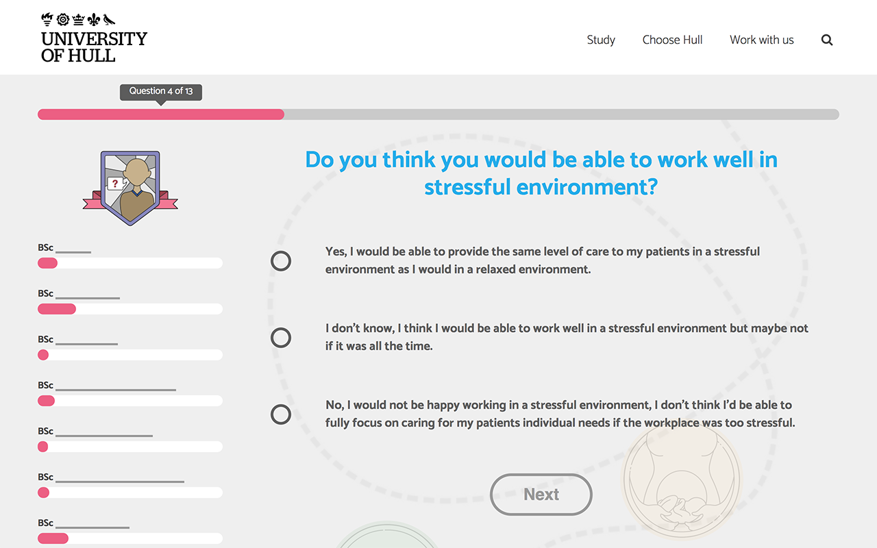 A screenshot of the interactive quiz tool for the University of Hull's Faculty of Health Sciences