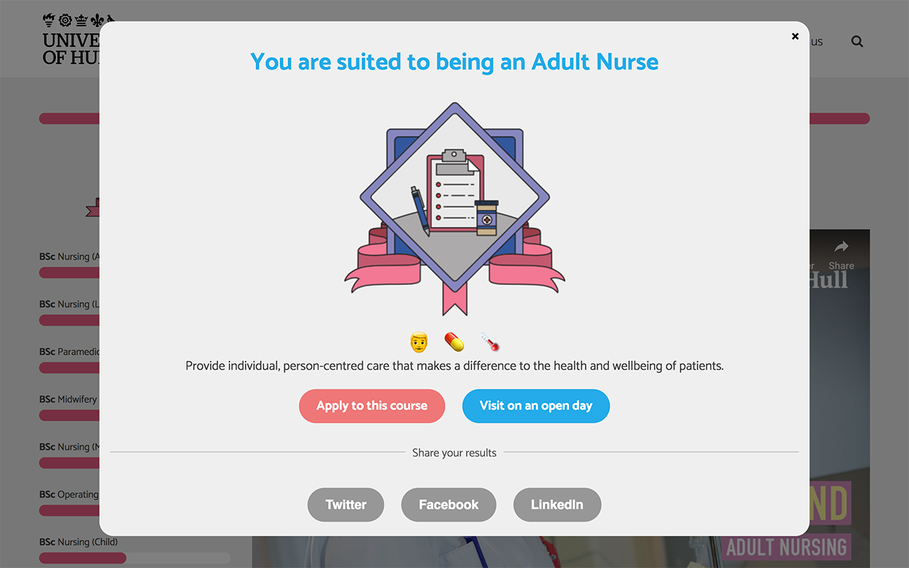 A screenshot of the quiz results for the University of Hull's Faculty of Health Sciences